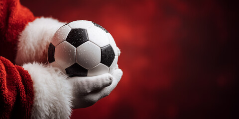 Santa claus hands in white gloves and red sleeves presenting a soccer ball with water drops against a festive red background copy space christmas