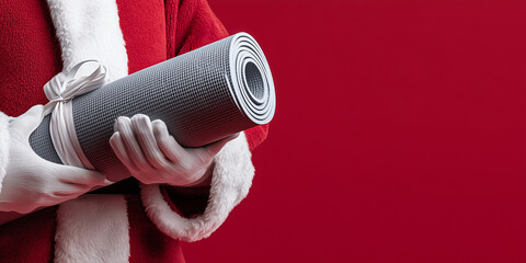 Santa claus hands in white gloves holding a rolled grey exercise mat with a ribbon for a healthy holiday gift copy space christmas