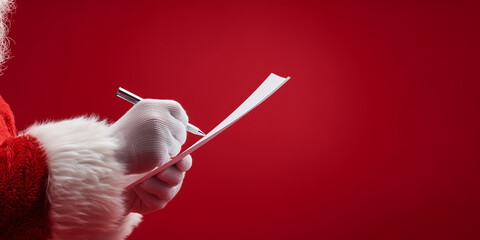 Santa claus making his list, writing wishes on white paper with a pen against a festive red background, ready for christmas copy space