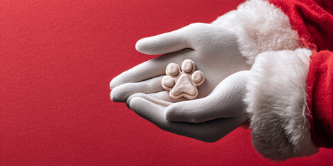 Close up of santa claus hands in white gloves holding a small paw print ornament symbolizing pet love and christmas spirit copy space