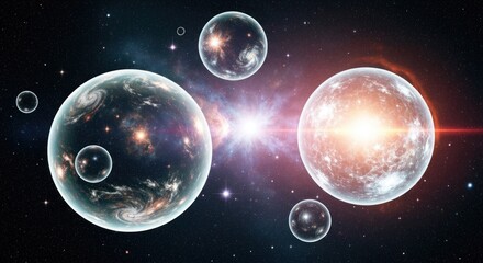 A cosmic depiction of multiple universes as celestial spheres, illuminated by a central light source