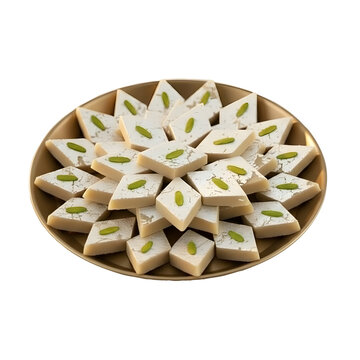 An elevated view of a generous serving of Kaju Katli (Kaju Barfi), a popular Indian cashew fudge sweet. The diamond-shaped mithai are coated with silver varak (edible silver leaf) and garnished with p