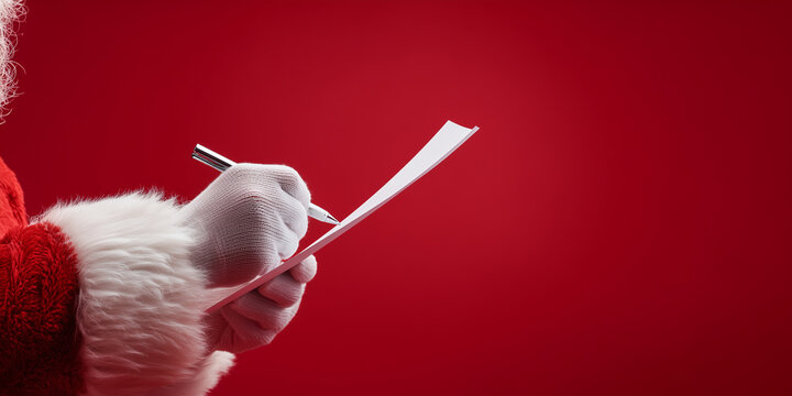 Santa claus making his list, writing wishes on white paper with a pen against a festive red background, ready for christmas copy space