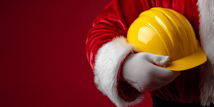 Santa claus wears white gloves and red coat, holding a yellow hard hat. Concept of holiday construction, safety, or charity copy space christmas - Powered by Adobe