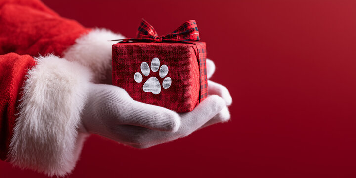 Santa claus hands offering a red christmas gift box with a white paw print, celebrating holiday giving for pets copy space
