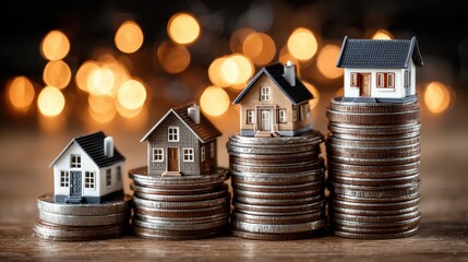 Real Estate Investment: Miniature Houses on Stacks of Coins with Bokeh Lights