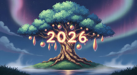 Welcoming 2026 with a magical tree symbolizing growth and new beginnings under the auroral night sky