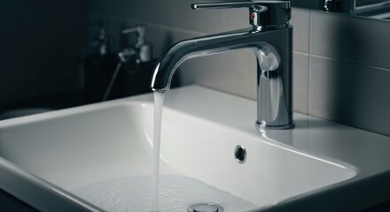 A faucet pours water into a clean, white sink in a bathroom setting