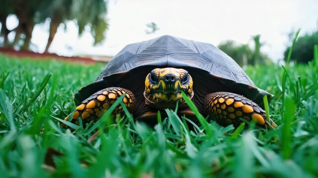 A tortoise with a unique pattern on its shell walking across grass in an outdoor setting.