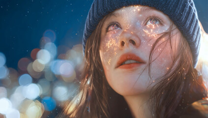 Dreamy Christmas Portrait with Blue Hat and Cool Bokeh Lights