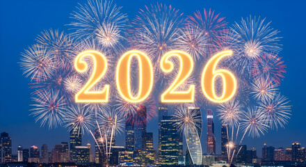 Sparkling fireworks paint the night sky ushering in a joyous new year 2026 over an illuminated