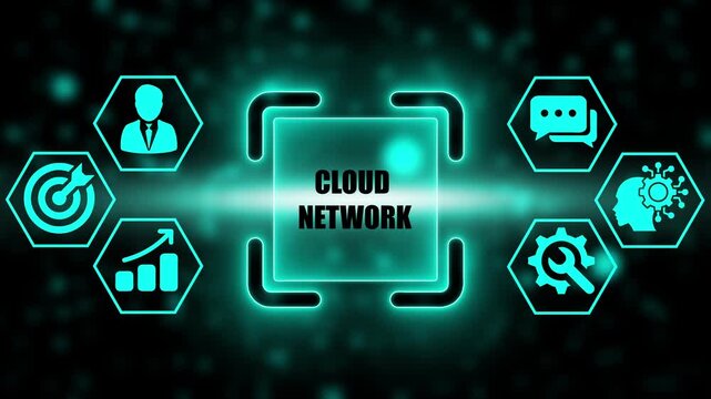 Cyan Neon Hexagonal Icons with CLOUDNETWORK Text in Glowing Square cloud network