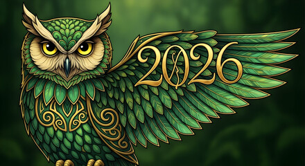 Wise owl heralds a flourishing 2026 new year with emerald wings gilded accents and mystical green