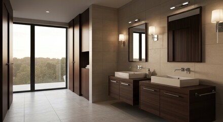 A modern bathroom with dual sinks, dark wood cabinetry, and a large window with a view