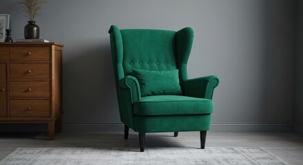 A luxurious emerald-green wingback chair, pillow, wood cabinet, against a grey wall