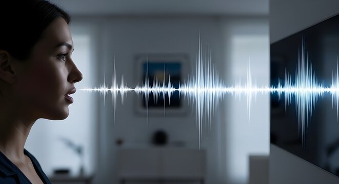 Stunning woman using voice recognition technology with digital sound waves for modern AI communication, smart home control, and virtual assistance