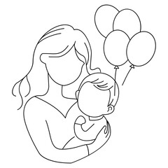 Line Art of Mother Holding Baby with Balloons