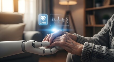 Robotic caregiver offering compassionate support to elderly person, monitoring health vital signs with cutting edge technology in warm home setting