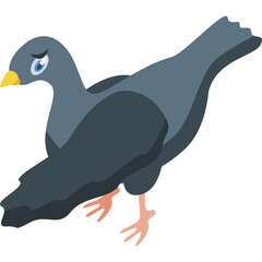 A stylized illustration of a sad grey pigeon with blue eyes and a yellow beak standing on its pink legs with its wings slightly spread against a clean transparent background