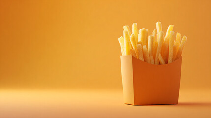 Close-up shot of a box of golden french fries on an orange background.