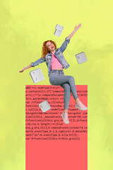 Collage of smiling young person with laptop surrounded by code keys text symbolizing freelancer...