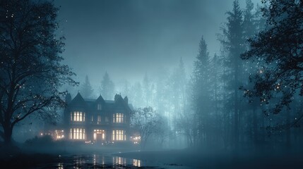 Fototapeta premium Mysterious Mansion in Foggy Forest at Night with Glowing Windows