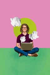 Collage of funny woman man with laptop smartphone and flying papers showing remote work stress...