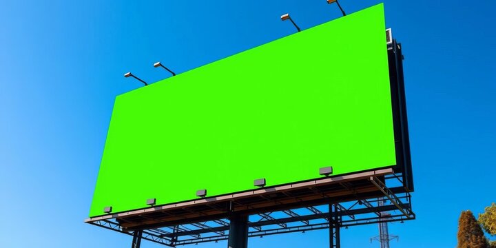 Bright, vibrant green billboard against a clear blue sky, sign, clean