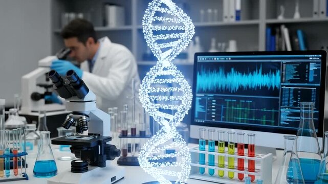 Scientist analyzing DNA structure in a modern laboratory with various scientific equipment