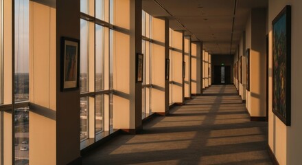 Obraz premium A sunlit, long hallway in a tall building with framed art and large windows