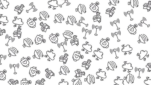 Technology Doodle Animation Background with Smartphone, WiFi, and Cloud Elements