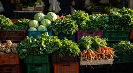 A vibrant farmer's market display showcasing a variety of fresh, colorful produce