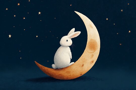Charming white bunny sitting serenely on crescent moon under starry night sky, evoking feelings of peace and wonder for children's designs
