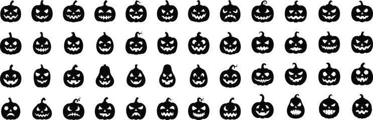 Diverse hand-drawn jack-o'-lantern faces collection for halloween celebration designs and spooky autumnal decorations silhouette halloween
