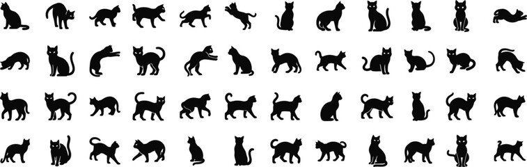 Collection of diverse black cat silhouettes in various poses and actions depicting playful and graceful feline movement and anatomy silhouette halloween