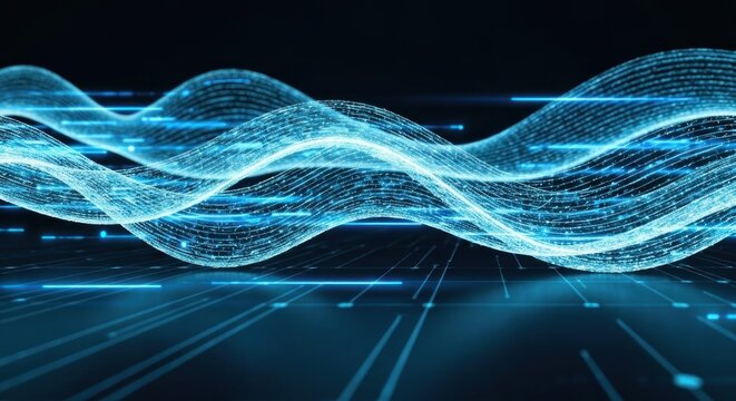 Abstract blue digital waves over lines, representing data flow on a dark background