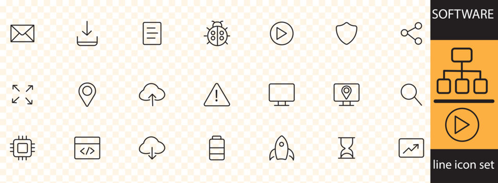 software Line icon set . Software development icons for web and mobile app. Code, api, programmer, developer, information technology, coder and more.