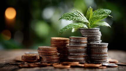 Coin Stacks with Green Plant, Financial Growth and Investment Concept