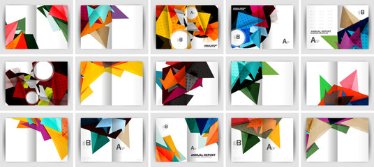 Geometric designs dominate, vibrant colors present abstract layouts. Multiple vector illustrations suggest brochure or report templates. Clean, modern aesthetic.