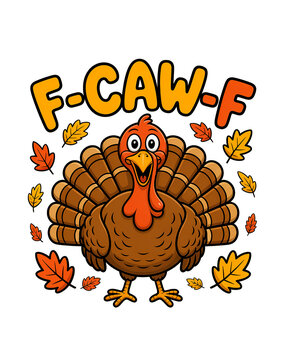 Cartoon Turkey with F- CAW- F Text and Autumn Leaves