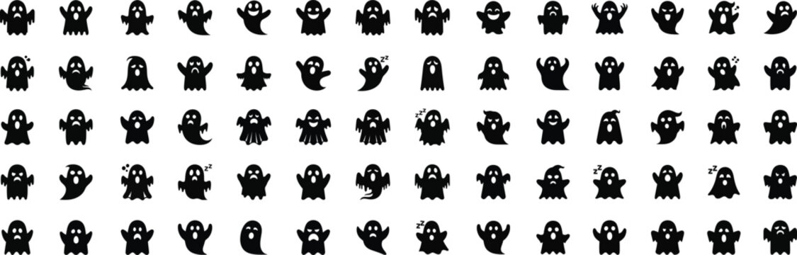 Collection of silhouetted spooky halloween ghosts and ghouls in various poses and expressions for festive designs and decorations silhouette halloween