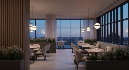 Fototapeta premium An upscale restaurant interior with a city view at dusk, soft lighting and elegant seating