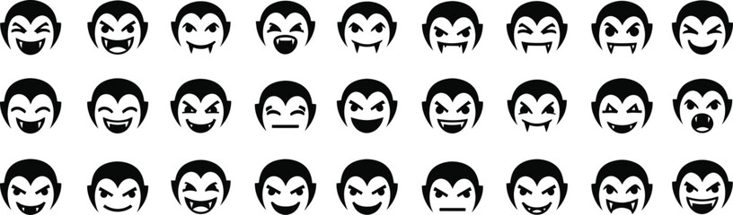 Collection of vampire faces with diverse emotions expressed through unique cartoonish expressions and stylized features for halloween and horror themes silhouette halloween