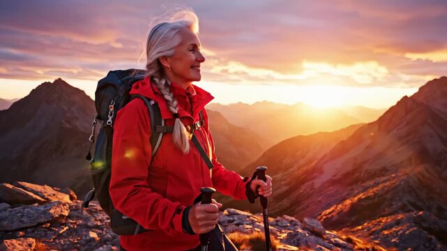 Woman at Mountain Summit at Sunset - A smiling woman with gray hair stands at the summit of a mountain, overlooking breathtaking views with warm sunset lighting.