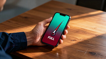 Hand holding smartphone displaying full battery indicator with gauge graphic