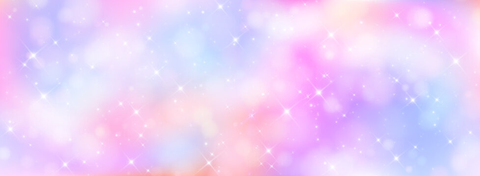 Fototapeta Unicorn magical bokeh background with pastel rainbow gradient and sparkling stars for fantasy design. Soft pink, purple and blue colors with glowing light effects. Dreamy fairy tale atmosphere.