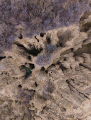 Aerial view from a drone of the Aguarales (fairy chimneys) of Valdemiraz or Valpalmas in the Cinco Villas Region. Saragossa. Aragon. Spain. Europe