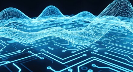 Blue circuit board with glowing wave forms overlaid, symbolizing data flow and processing