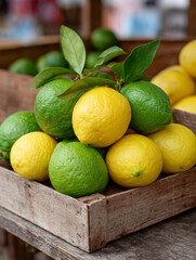 Lemons and limes in a wooden crate at a market.