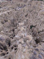 Aerial view from a drone of the Aguarales (fairy chimneys) of Valdemiraz or Valpalmas in the Cinco Villas Region. Saragossa. Aragon. Spain. Europe